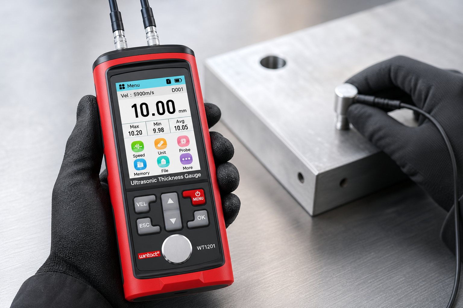 WINTACT WT1201 ultrasonic thickness gauge showing a clear measurement reading
