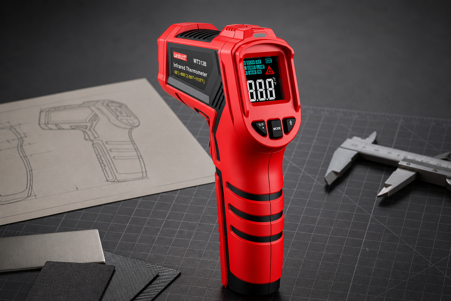 WINTACT WT313B infrared thermometer on an industrial design workbench